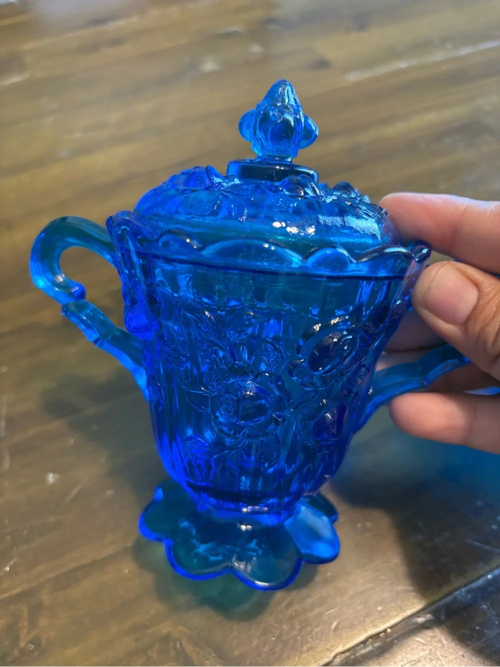 Vintage Fenton Cobalt Blue Cabbage Rose Set Creamer & Sugar Bowl With Lid